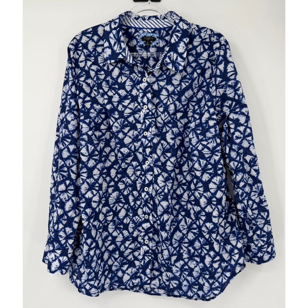 Talbots Plus Womens 2X Blue White Shibori Tie Dye Cotton Button Down Shirt
